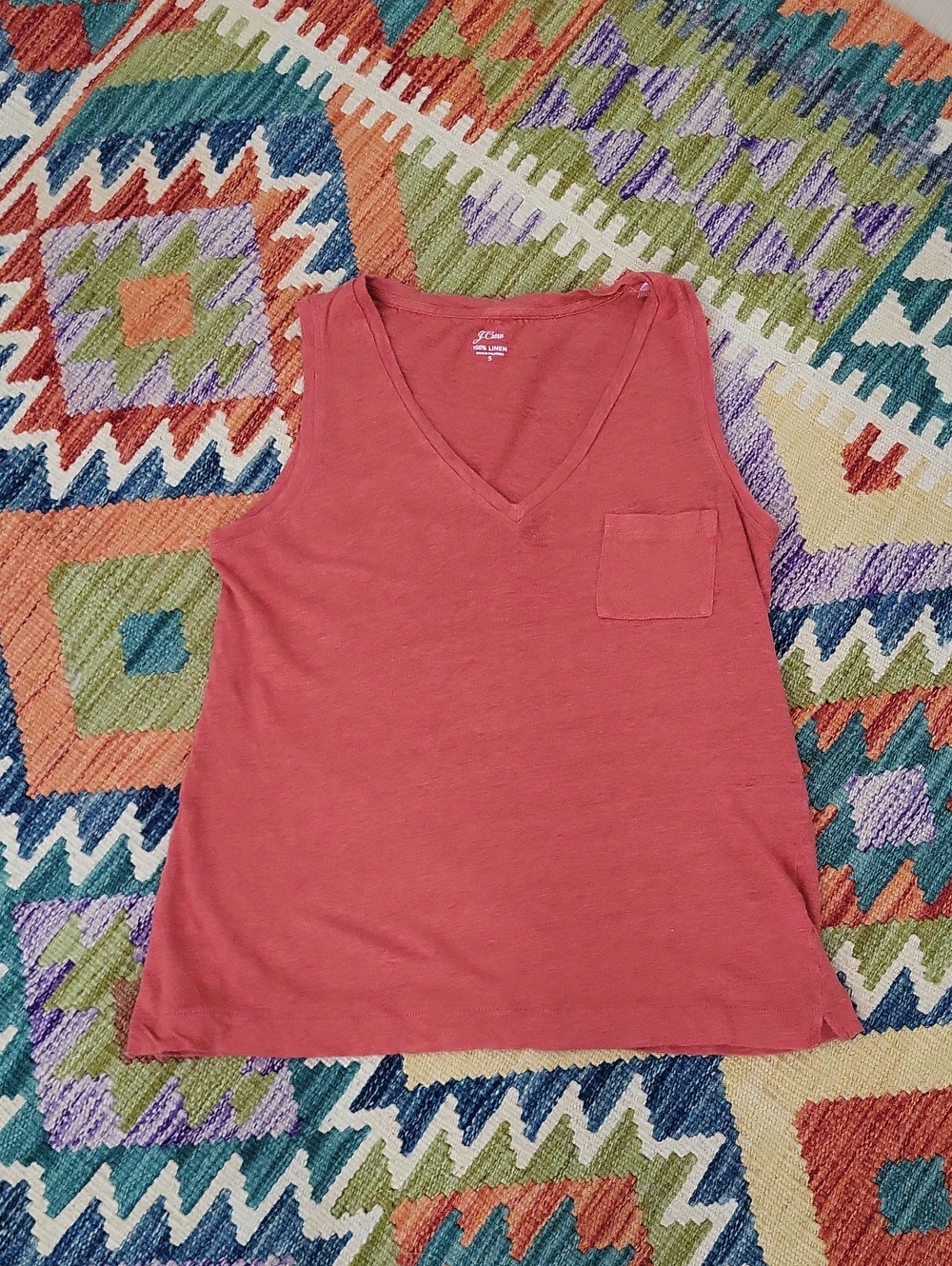 J. Crew 100% Linen Knit V-Neck Pocket Tank Top - Burnt Orange - S